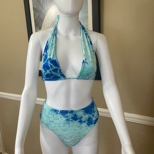 Frankies Blue Velvet Tie Dye Wrap Top M - High Waist Bottom S - Bikini Set